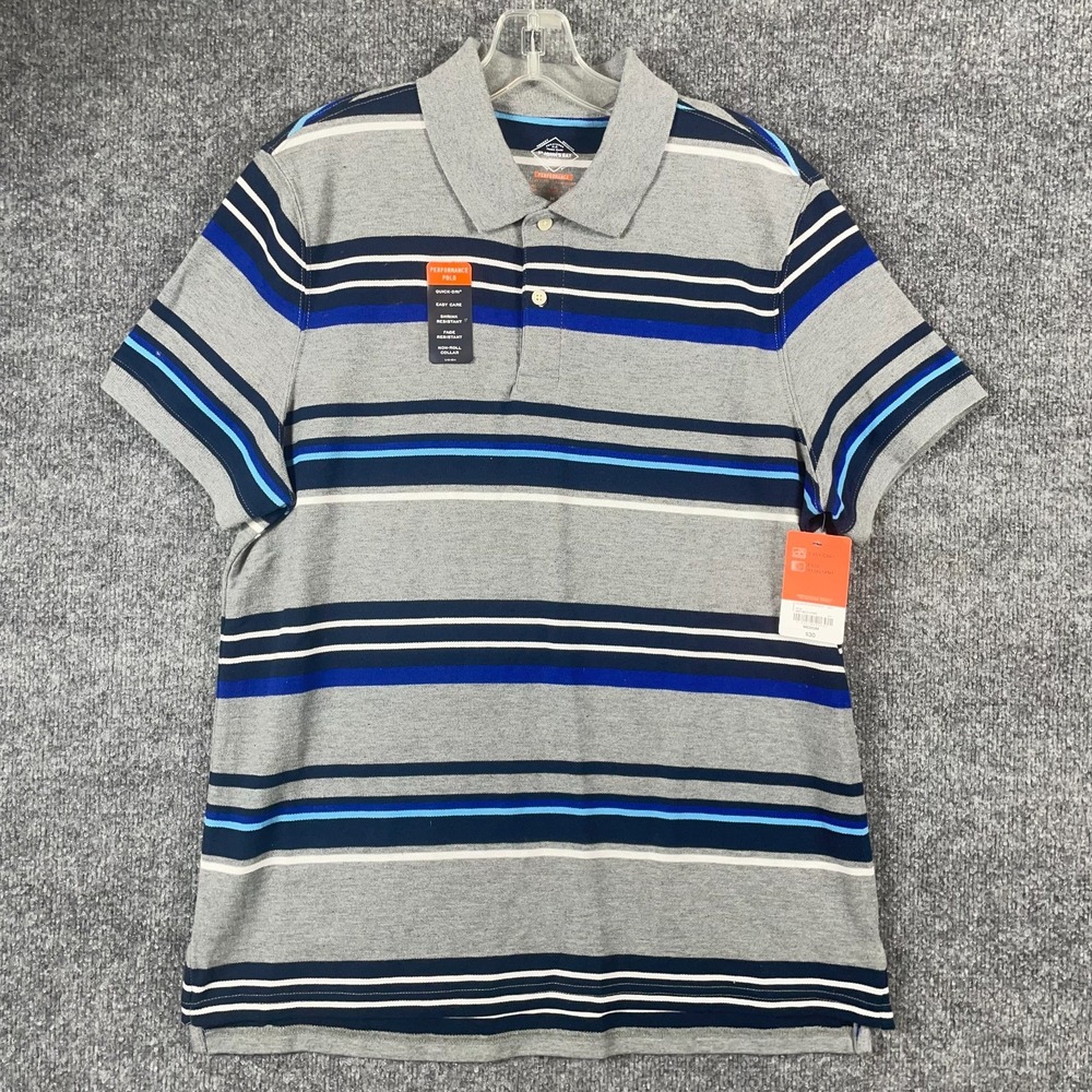 St Johns Bay‎ Shirt Mens Medium Gray Blue Striped Golf Polo Performance Stretch